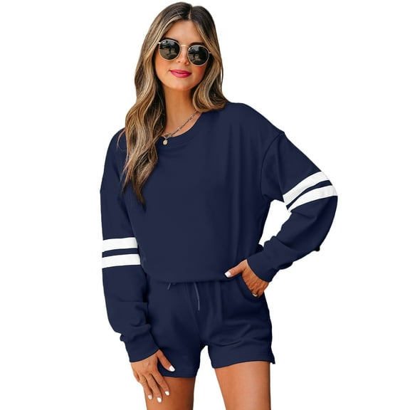 Women's Navy Blue Varsity Striped Sleeve Drop Shoulder Sweatshirt & Short Set – Casual Fall Outfit | L