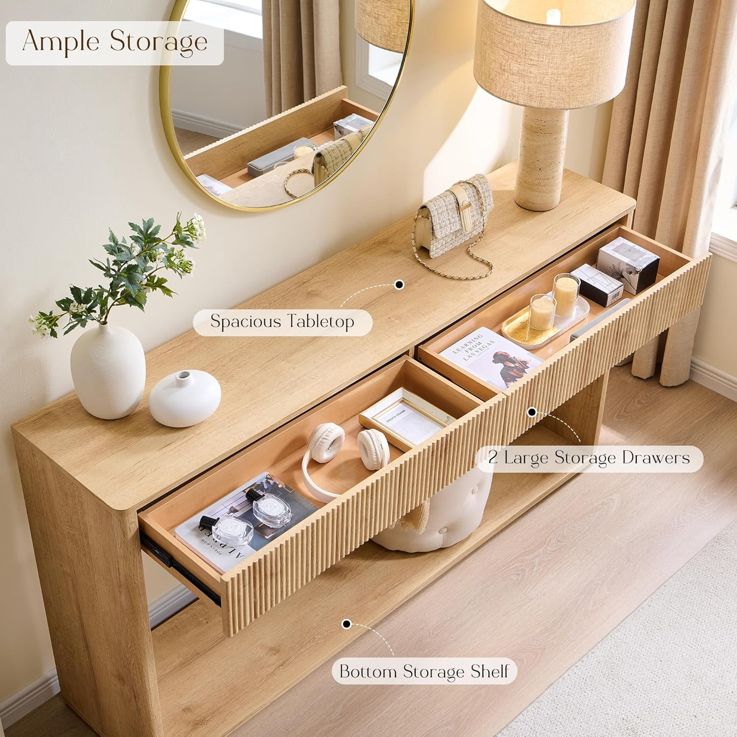 OKD 63 Inch Fluted Long Console Table for Entryway, Modern Entryway Table with 2 Large Drawers,Farmhouse Sofa Table Behind Couch for Living Room, Hallway, Natural Oak