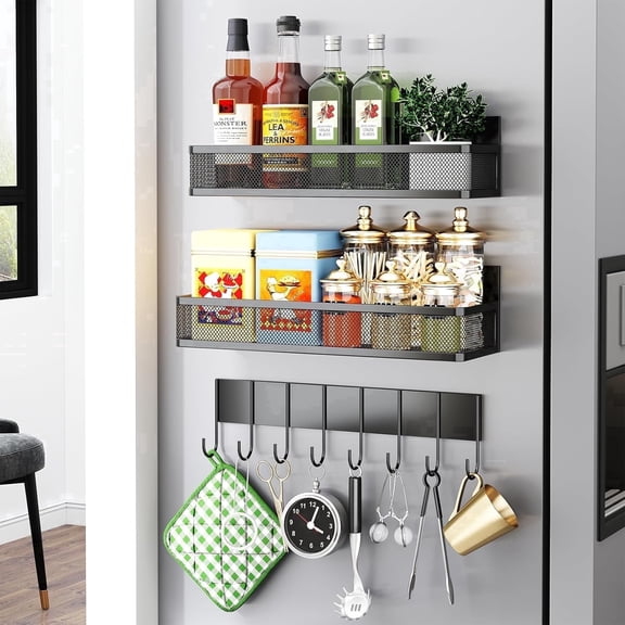 Miyawell Magnetic Spice Rack, Refrigerator Organizer, 3 Pack Metal Magnetic Shelves, Moveable Fridge Shelves for Oven Microwave with 8-Hook Rack