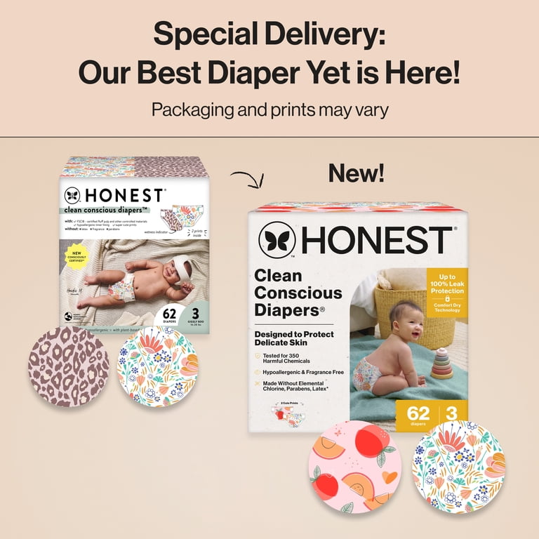 Honest, Diapers, Size 3, 62 Count, Leak Protection Hypoallergenic