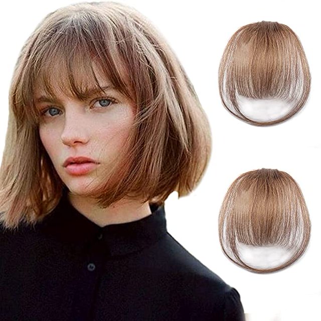 Bangs Pince à Cheveux Frange en Cheveux Humains Frange à Air Postiche pour Femmes Pince Frange Frange Cheveux Réels Frange Légère Frange Nette avec Tempes Frange une Pièce Extensions de Cheveux pour la Fête (Marron Clair 6#)