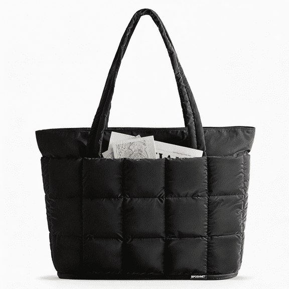 DOUIXLJK Expandable Tote Bag for Women, Puffer Work Tote Handbag, Quilted Carry On Bag for Travel Gym Black