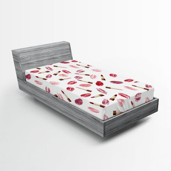 Cosmetics Fitted Sheet, Beauty Theme Pink and Burgundy Lipstick and Kiss Pattern Makeup Concept, Decorative Soft Bedding All-round Elastic Pocket, Twin XL Size, Burgundy and Pink, by Ambesonne