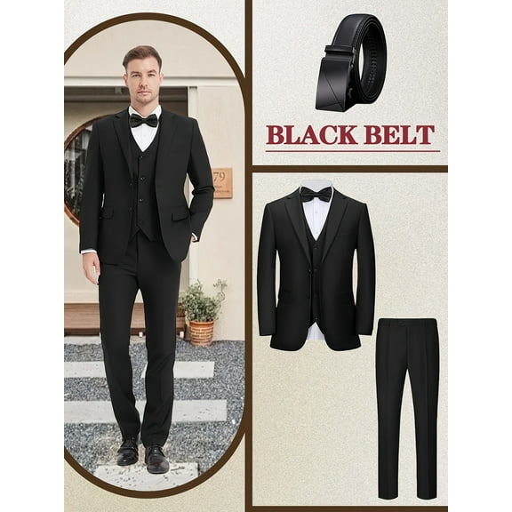 Beauty-Emily Men’s 4-Piece Solid Color Business Suit Set, Two-Button Lapel Blazer with Vest, Slim-Fit Pants & Black Belt – Formal Attire for Work, Weddings & Parties