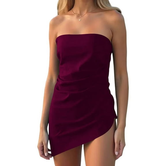 Womens Summer Tube Tops 2025 Trendy Strapless Ruched Going Out Tops Outfits Asymmetrical Bandeau Shirts Wine Red M