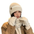 thumbnail image 2 of Winter Hats for Women Fleece Lined Beanie Knit Chunky Snow CapWinter Knitted Wool Hat Female Cold-proof Warm Hat Scarf Gloves Three-piece Set Fashionable All-match Ear Protection Pullover Hat Beige, 2 of 6