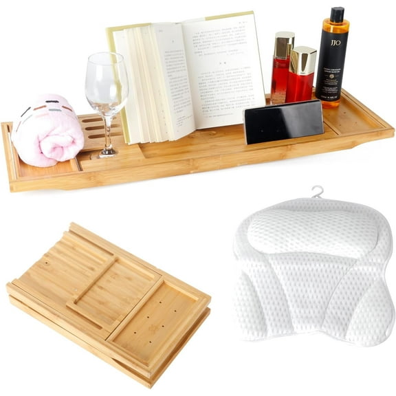 Bathtub Tray Table and Bath Pillow, Expandable and Foldable Bath Caddy Tray for Tub, Luxury Bathtub Accessories