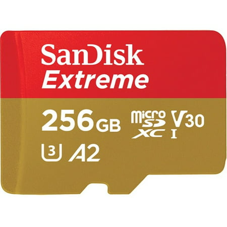 SanDisk 256GB Extreme UHS-I microSDXC Memory Card with Adapter. Designed for microSD devices such as smartphones, interchangeable-lens cameras, drones, or GoPro action cameras that can capture Full HD