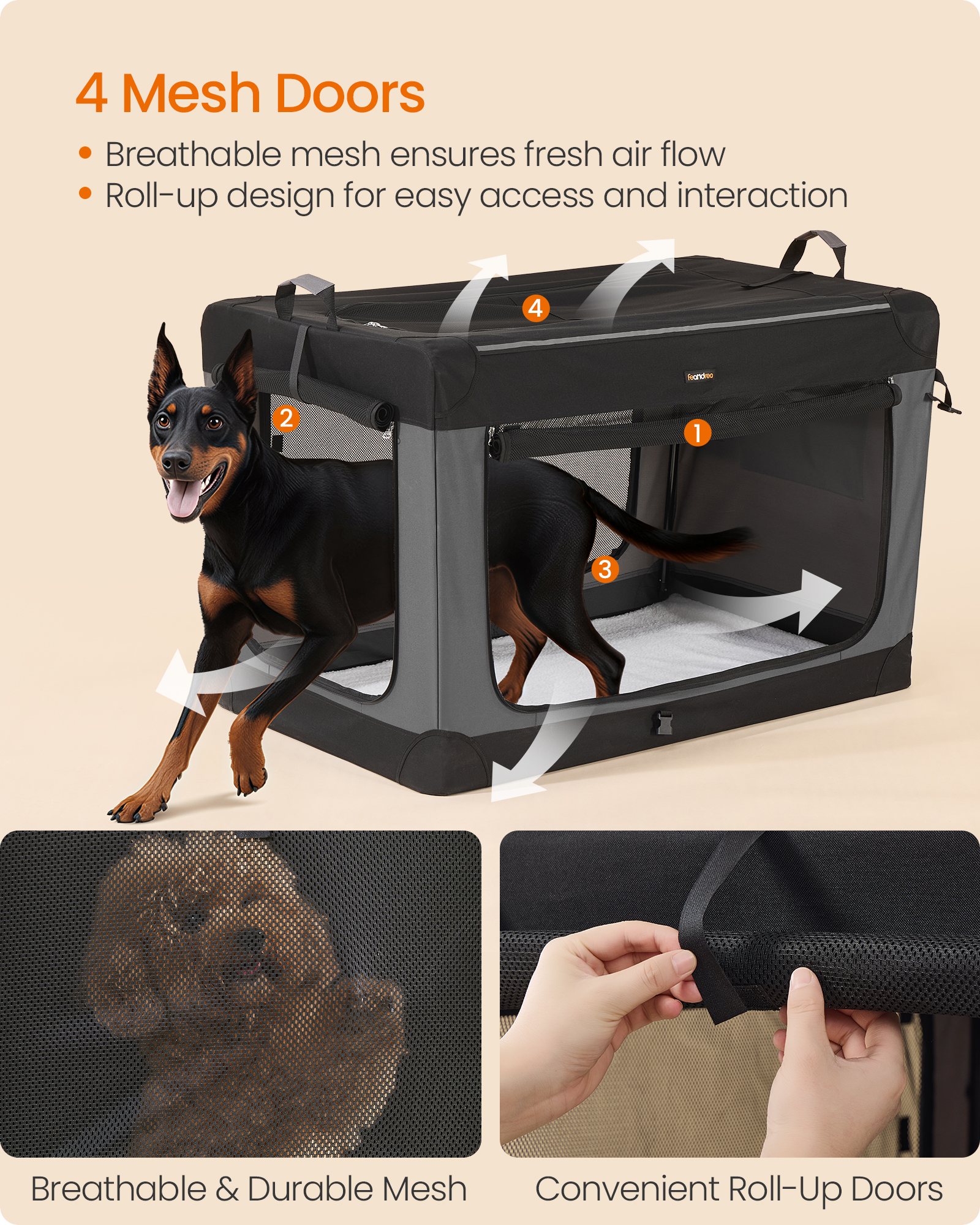 44-Inch Collapsible Dog Crate with 4 Mesh Doors, Portable Pet Carrier for Extra Large Dogs up to 110 lb, Ink Black