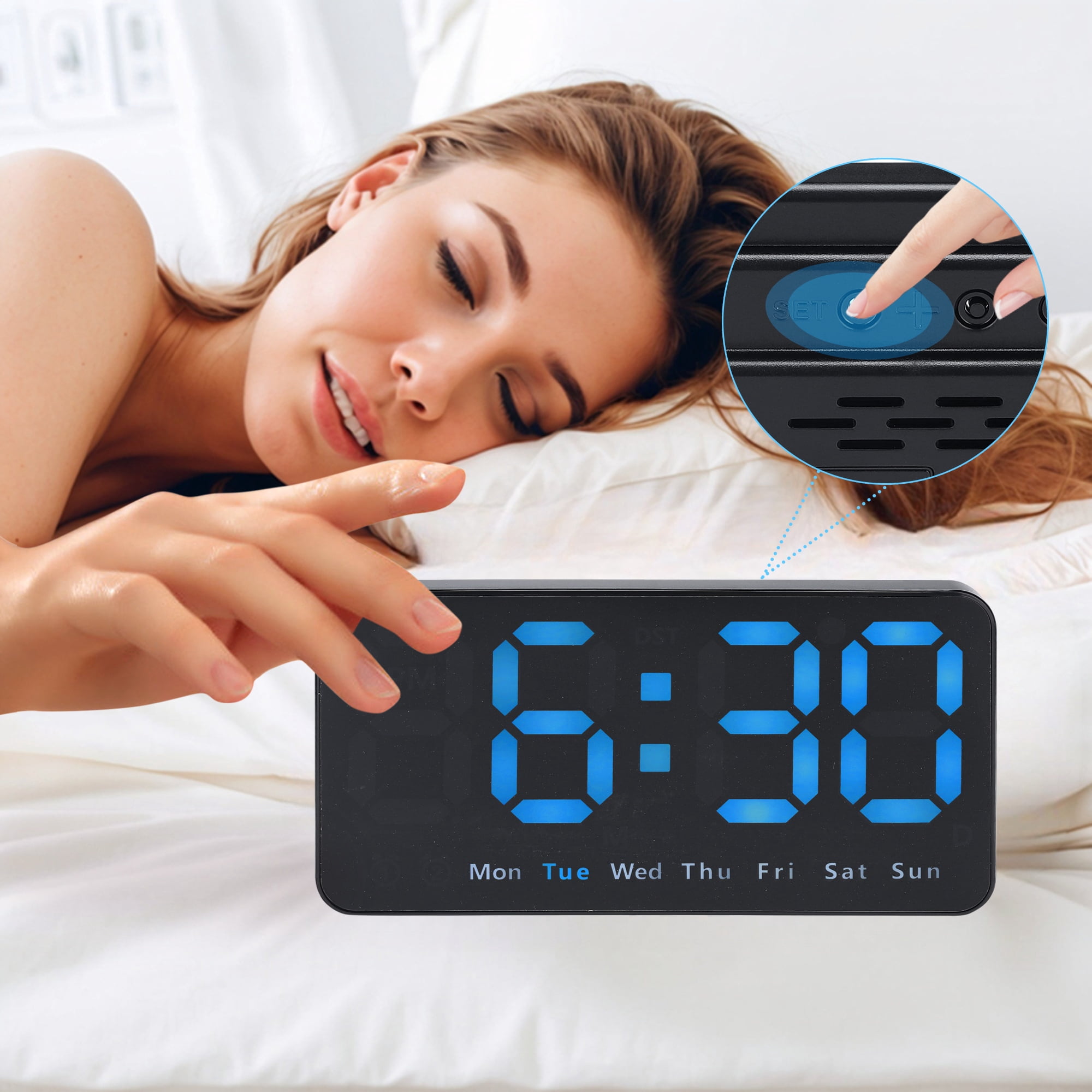 Unique Bargains 2 Pcs Digital Dual Alarm Clock Dimmable Wall Clocks Blue