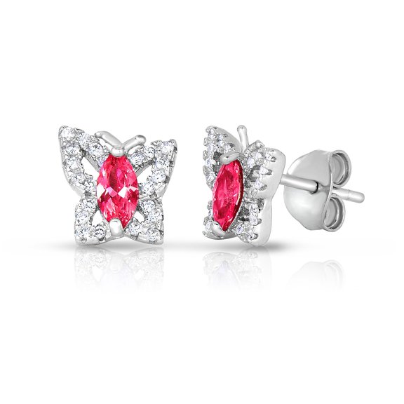 Tilo Jewelry 925 Sterling Silver Butterfly Halo CZ Birthstone Pink Stud Earrings | Secure Push-Backs | July-Ruby | Women & Unisex
