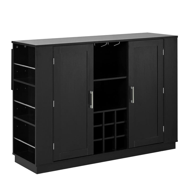 Counter Height Sideboard Buffet Kitchen Island with Drop Leaf & Power Outlet, Bar Storage Cabinet with Wine Rack & Stemware Holder