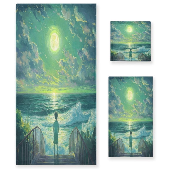 Three-Piece Towel Set Face Towel Towel Set Hand Towel Bath Towel Cotton Bath Towels Bath Towel Sets Hand Bath Towels Green Moon