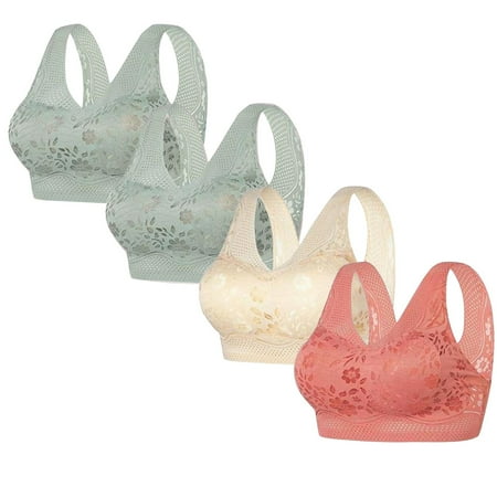 REORIAFEE No Wire Bras for Women 4 Pack Gathered Together Wireless Bras Floral Prints Brassiere Comfy Wide Strap Breathable Corset Underwear Comfortable Classic Support Lingerie Hot Pink XL