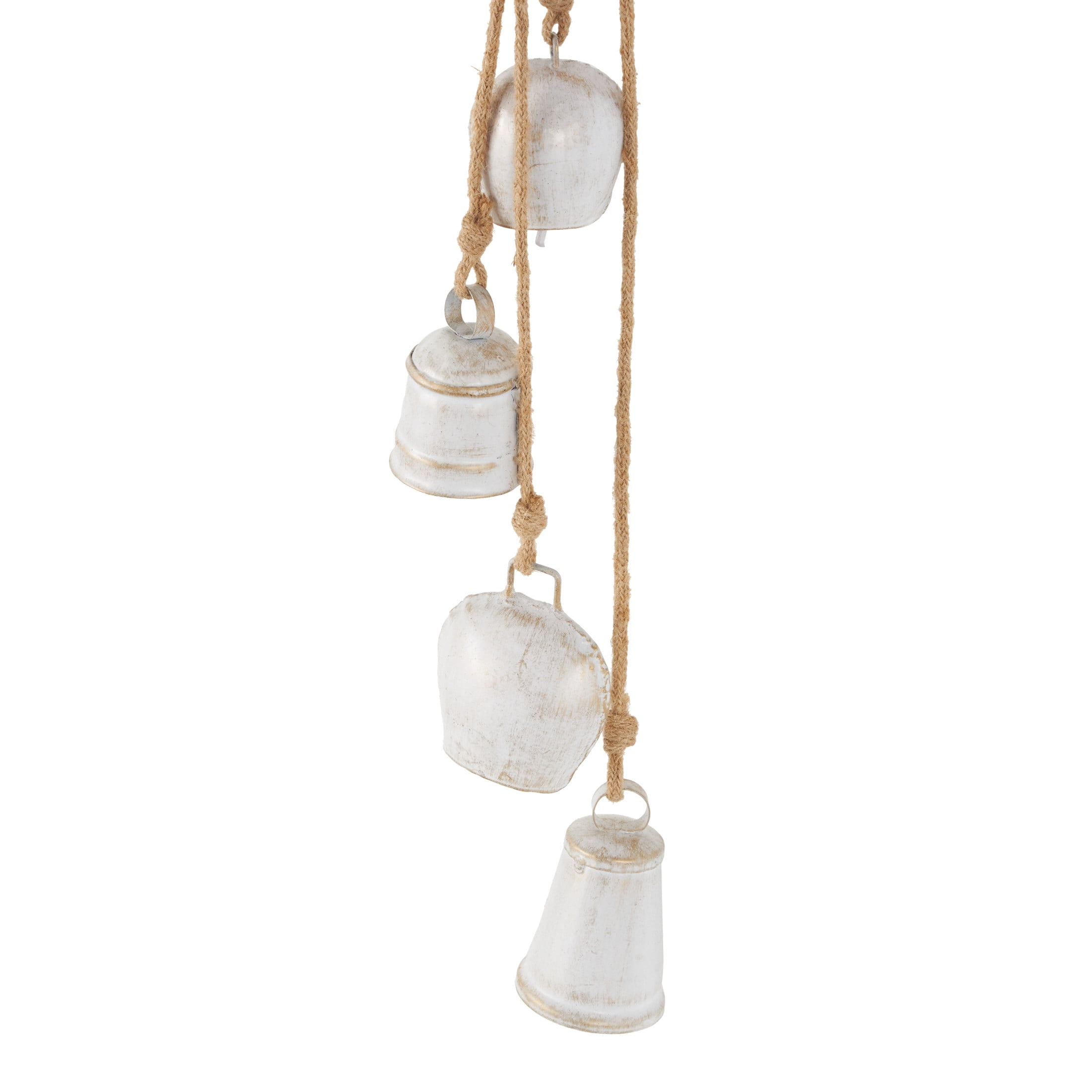 DecMode Tibetan Inspired Cascading White Metal Various Shapes Decorative Bells with 5 Bells on Jute Hanging Rope