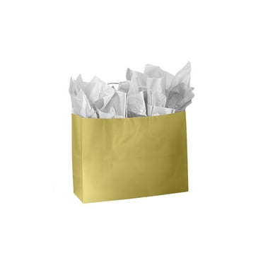 SSWBasics Large Glossy Gold Paper Shopping Bags - 16”L x 6”D x 12 ½”H - Case of 100- Paper Bags with Handles - Bags for Retail - Multi-Purpose Paper Shopping Bags in Bulk - Durable and Eco-Friendly