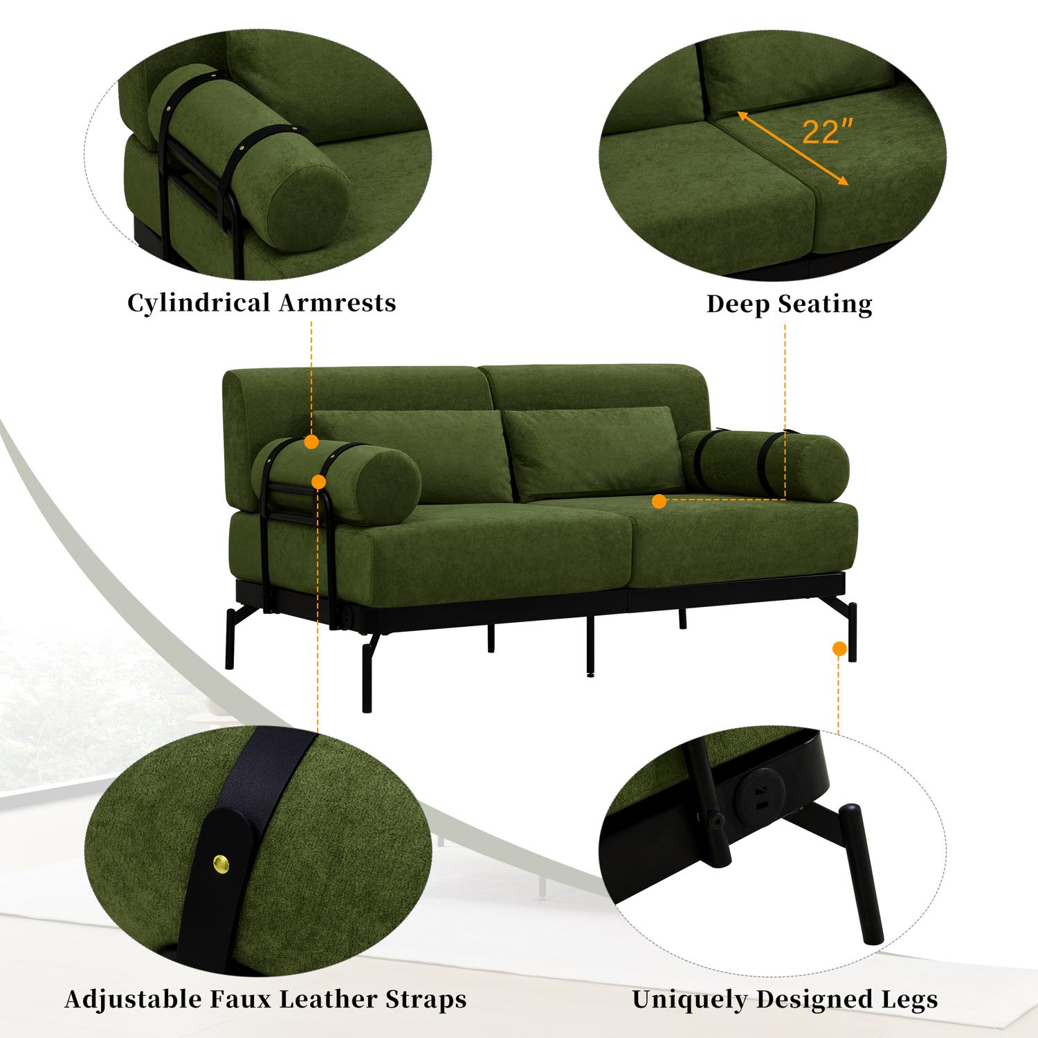 59" Loveseat Sofa with USB Ports,Modern Sofa Couch 2-Seater Sofa with 2 Pillows,Cylindrical Armrests for Living Room Bedroom Apartment,Green
