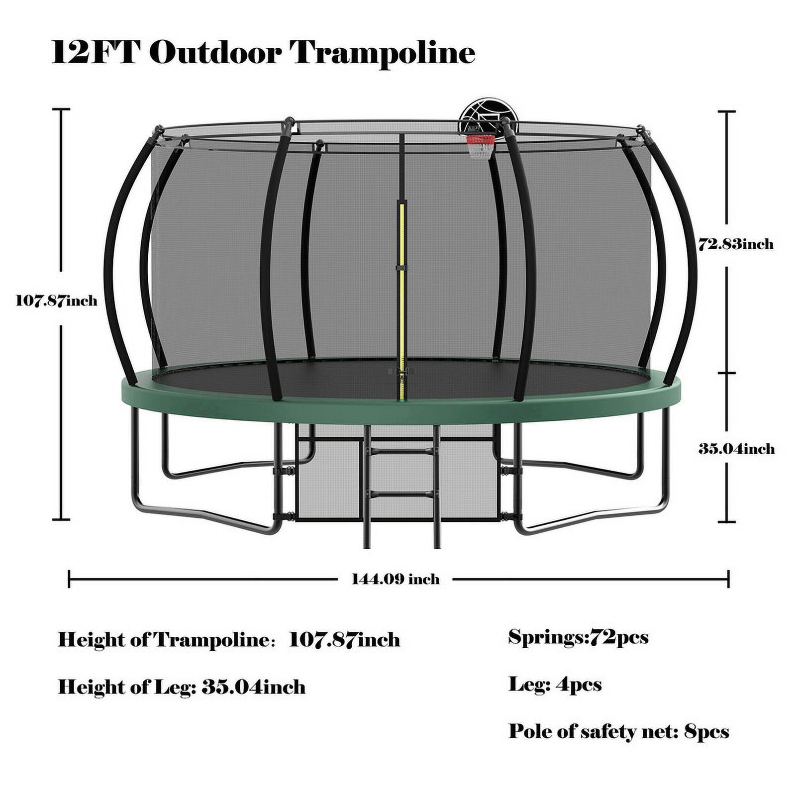 Aukfa 12FT Trampoline with Basketball Hoop for Kids, Outdoor Pumpkin Trampoline with Enclosure for Backyard - Green