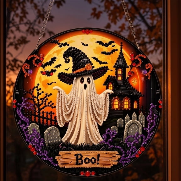 Halloween Pearl Diamond Art Kit, Ghost Hanging Ornament DIY Set, 2D Diamond Painting Craft, Fall Home Decor Wall Decoration