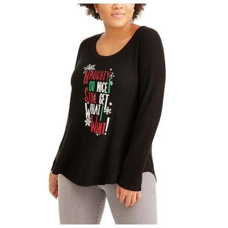 Juniors' Plus Long Sleeve High Low Naughty or Nice Xmas Graphic Thermal