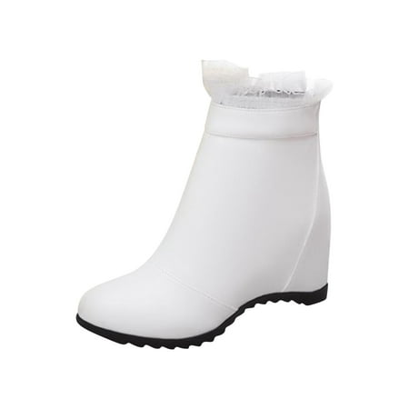 

Women s Waterproof Rain Boots Height Increase Bootie Casual Lightweight Solid Color Lace Wedge Heel Ankle Boots White Boots women size 6.5