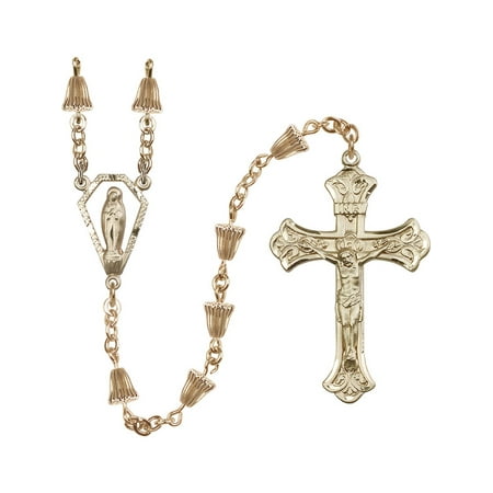 14k Beaded Crucifix - 14 Karat Yellow Gold Rosary 6x8mm 14 Karat Yellow Gold Bell-Shaped Corregated beads, Crucifix sz 1 7/8 x 1 1/8. Miraculous medal charm