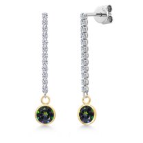 Gem Stone King 14K Two Tone Gold Green Mystic Topaz and Lab Grown Diamond Long Liner Dangle Earrings for Women | 2.36 Cttw | Gemstone November Birthstone | Round 6MM
