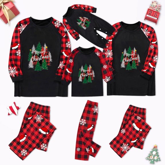 Odeerbi Matching Family Christmas Pajamas Sets Plaid Sleepwear Parent-Child Xmas Patchwork Plaid Printed Homewear Suits Round Neck 2025 Long Sleeve Two-piece Jammies Sets Loungewear for Mom