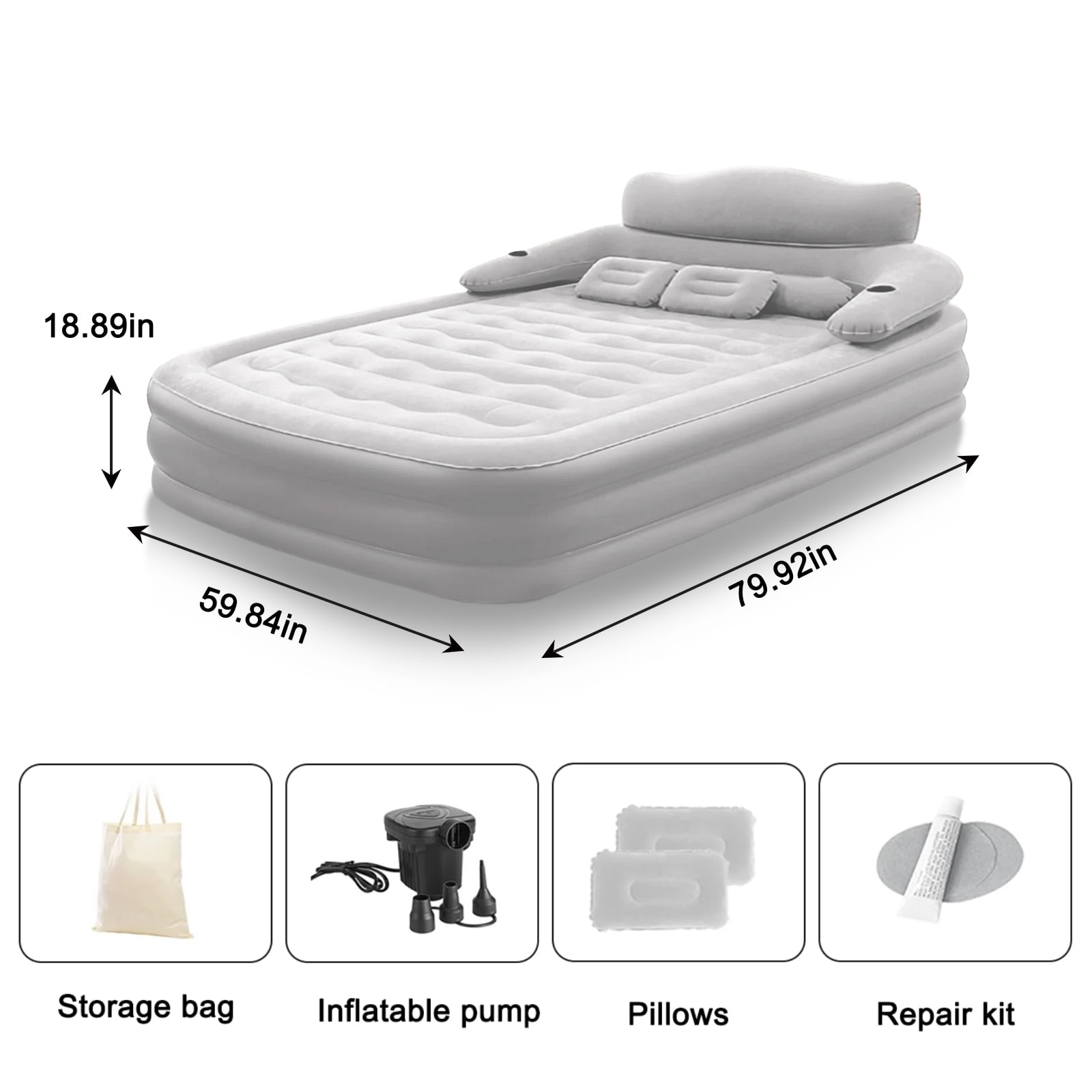 Beuway 19"Queen Air Mattress with Headboard & Pump, Inflatable Portable Comfort Airbed for Travel Home,661lb Max,Gray