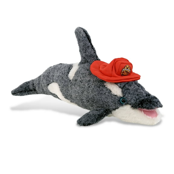 DolliBu Wild Killer Whale Firefighter Stuffed Animal - Super Soft Whale Fireman Toy with Red Fireman Hat Outfit, Cute Ocean Life Animal Fire Fighter Doll Plush Toy for Kids and Adults - 18 Inch