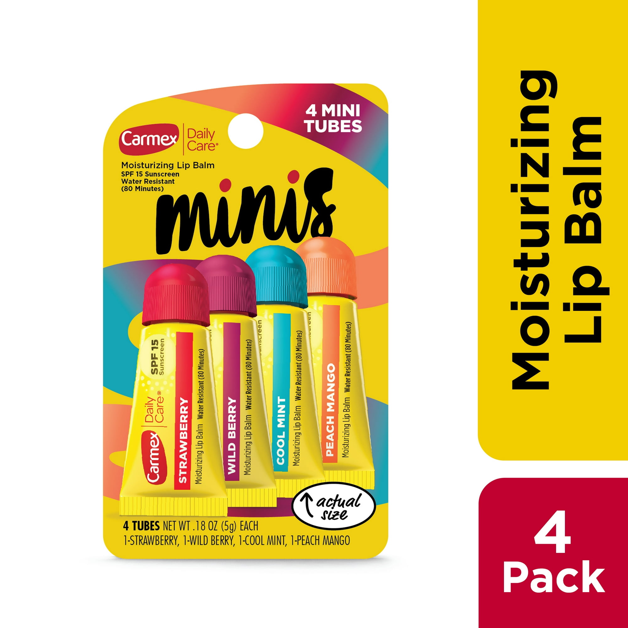 Carmex Daily Care Minis Moisturizing Lip Balm Tubes with SPF 15, Strawberry, Cool Mint, Wild Berry and Peach Mango Lip Balm Pack - 0.18 oz each, 4 Count