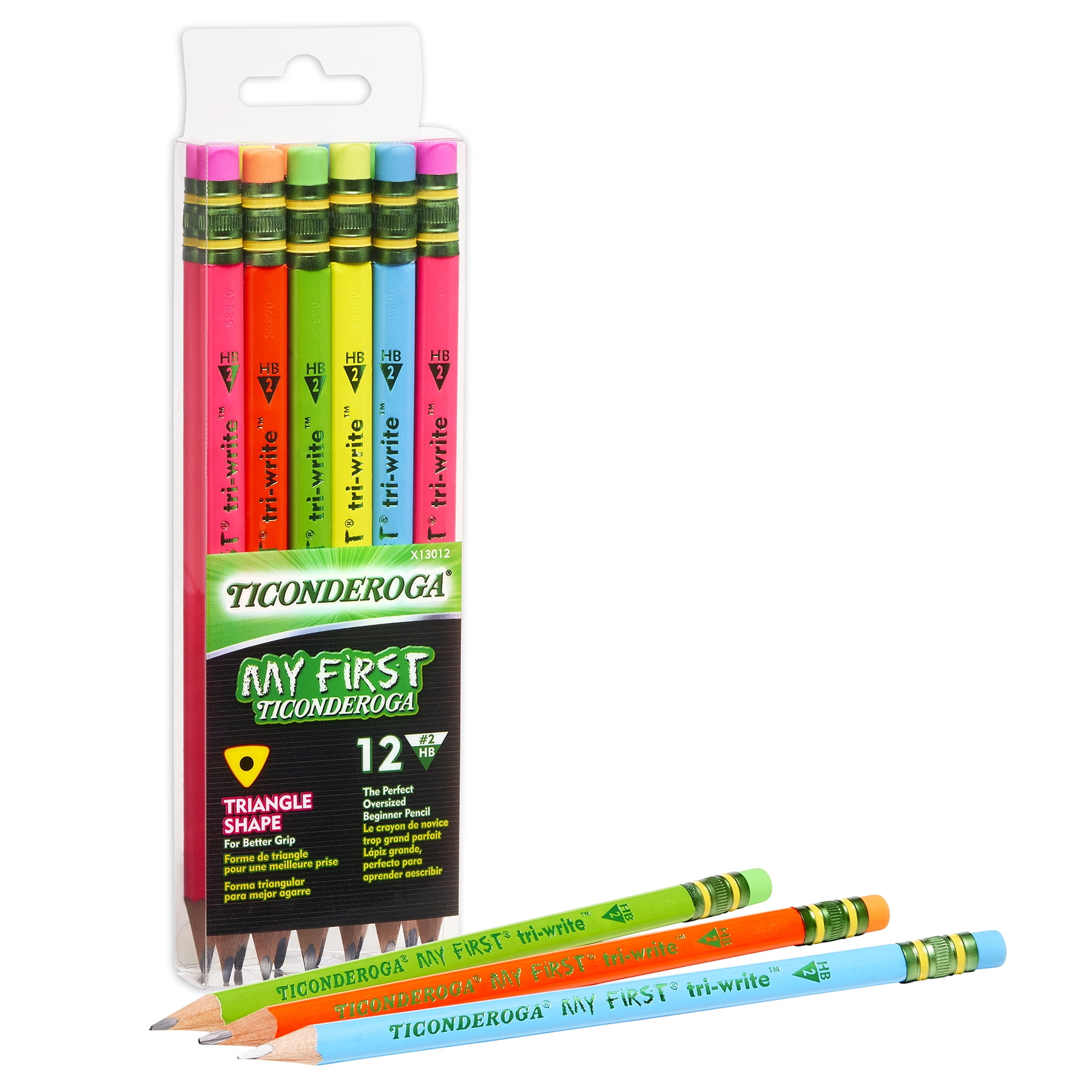 Ticonderoga My First Tri-Write Wood-Cased Pencils, Neon Assorted, 12 Per Pack, 2 Packs
