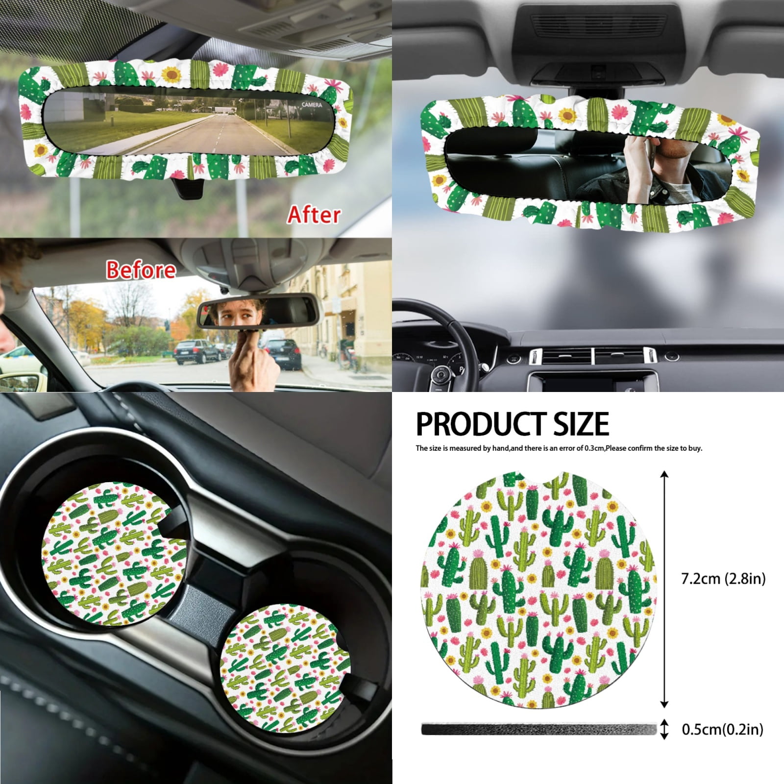 Jeiento Cactus Car Seat Cover for Women Men with Steering Wheel Cover Seatbelt Pads Handbrake Cover Gear Shift Knob Cover Trash Can Armrest Cover Rearview Mirror Cover Coasters 14pcs Auto Accessory