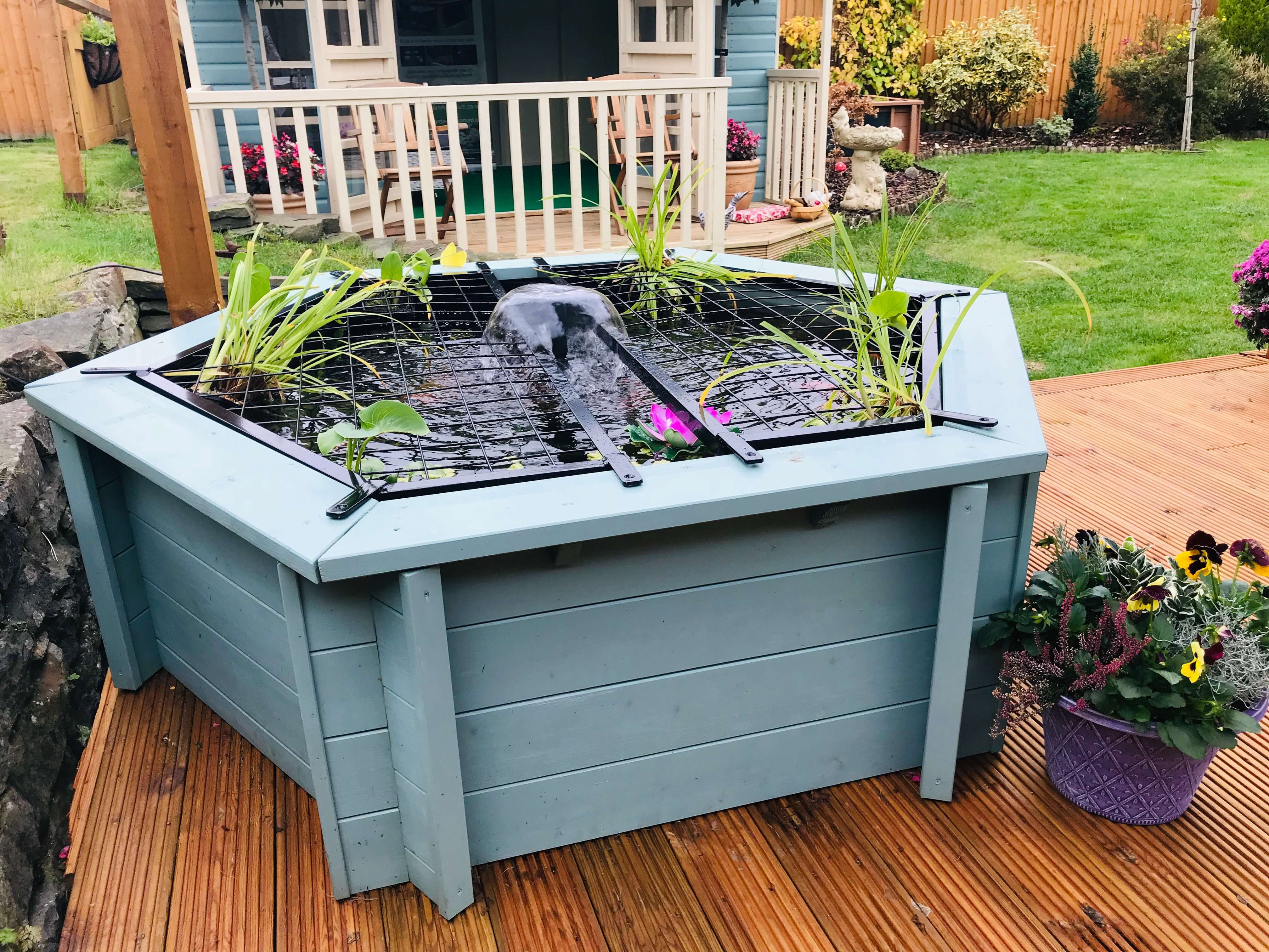 Raised Hexagon Wood Pond with Large Windows  - Lily Clear View Garden Aquarium  in Green 172 Gallon