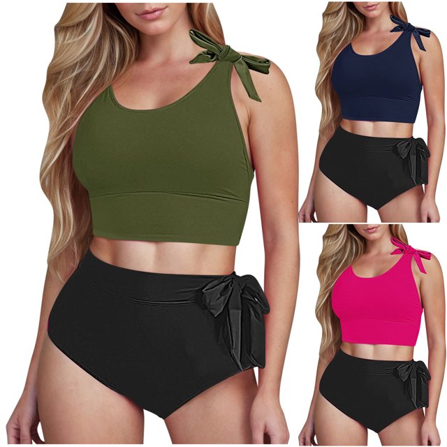 VBTAPA Women's Tummy Control High Waisted Bikini Set 2 Piece Side Bow Knot Swimsuit Color Block Bathing Suits Cropped Tank Top with Bottoms on Clearance Army Green XXL