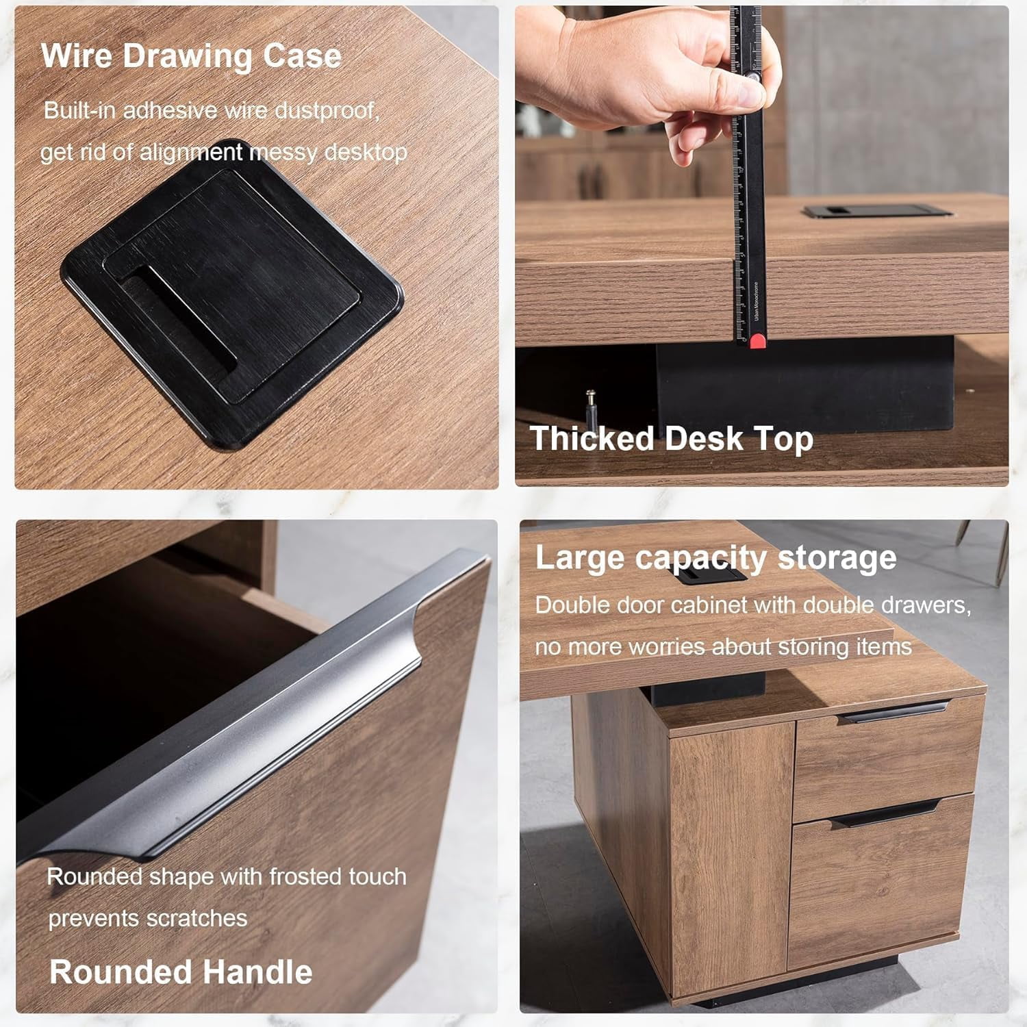 Rectangle Executive Desk Width Adjustable with Cabinet File Drawer Cable Management Right Cabinet