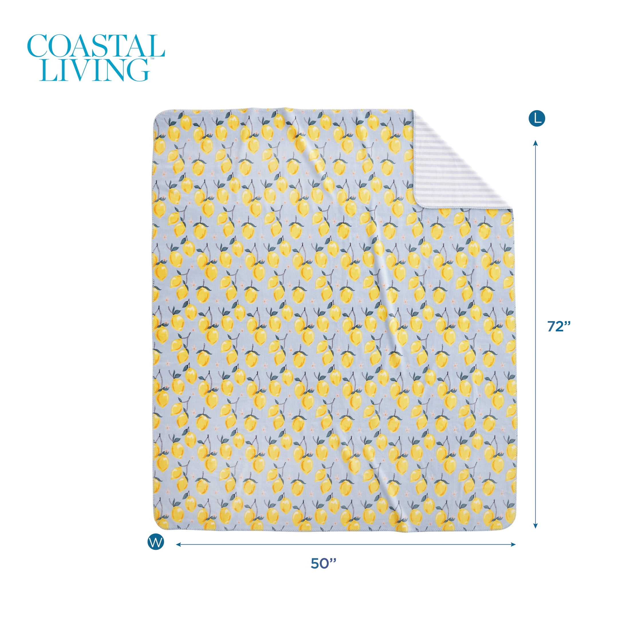Coastal Living Throw Blanket, Reversible Plush Fleece Blanket for Couch, Yellow Lemons, 50" x 72"
