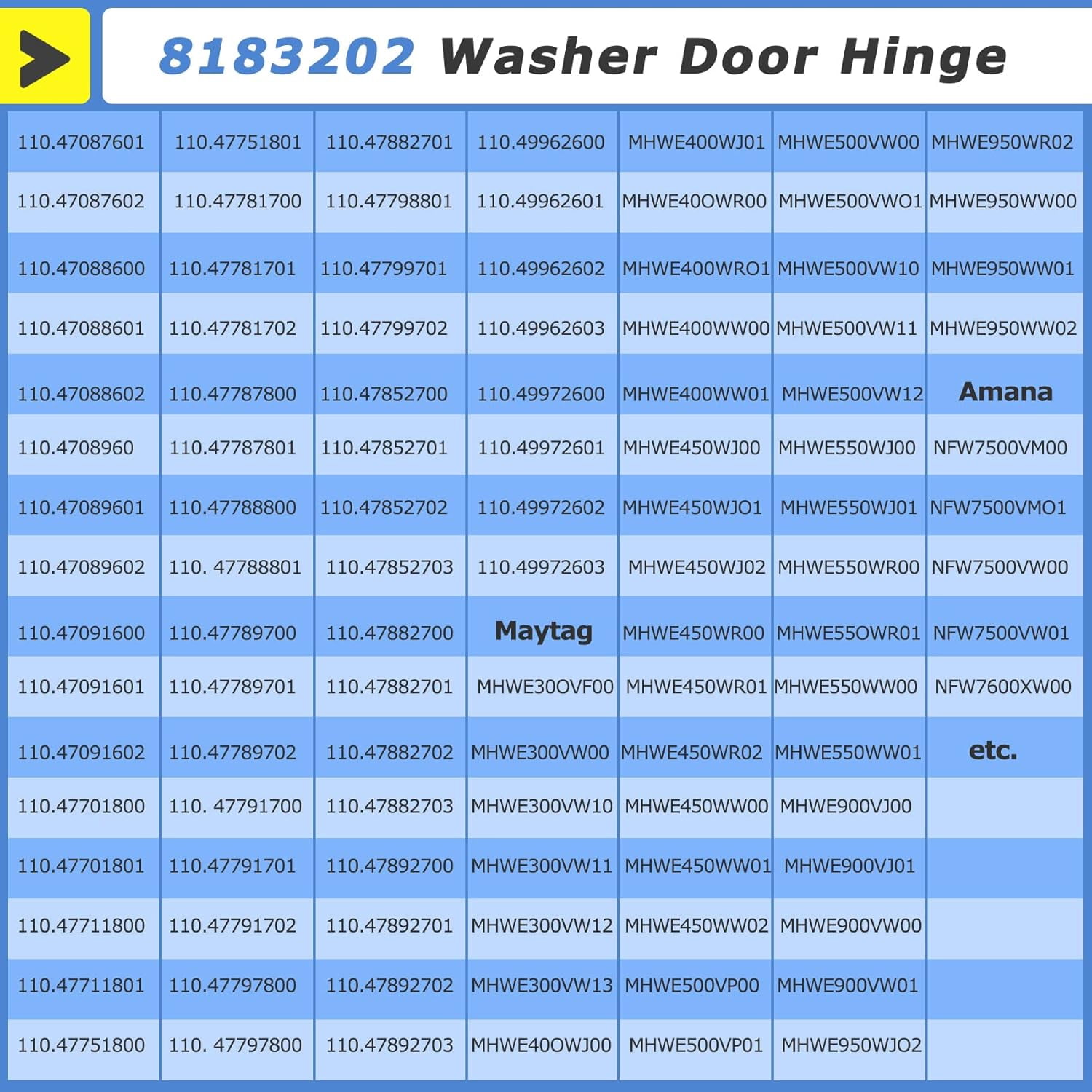 WP8183202 Washer Door Hinge Replacement for Whirlpool Kenmore Maytag Amana, Replaces 8183202 W10005090 W10200695 AP6011872 PS11745072