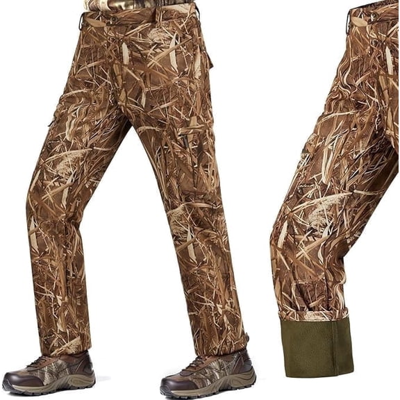 NEW VIEW Silent Camo Hunting Pants for Men Cold Weather, Fleece Lined Insulated Pants, Water-Resistant, Elastic Waist (Reeds Camo, S)