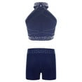 thumbnail image 2 of Haitryli Girls 2 Piece Shiny Gymnastics Outfit Halter Backless Top with Shorts Figure Ice Skating Dance Set for Kids Navy Blue 8, 2 of 3