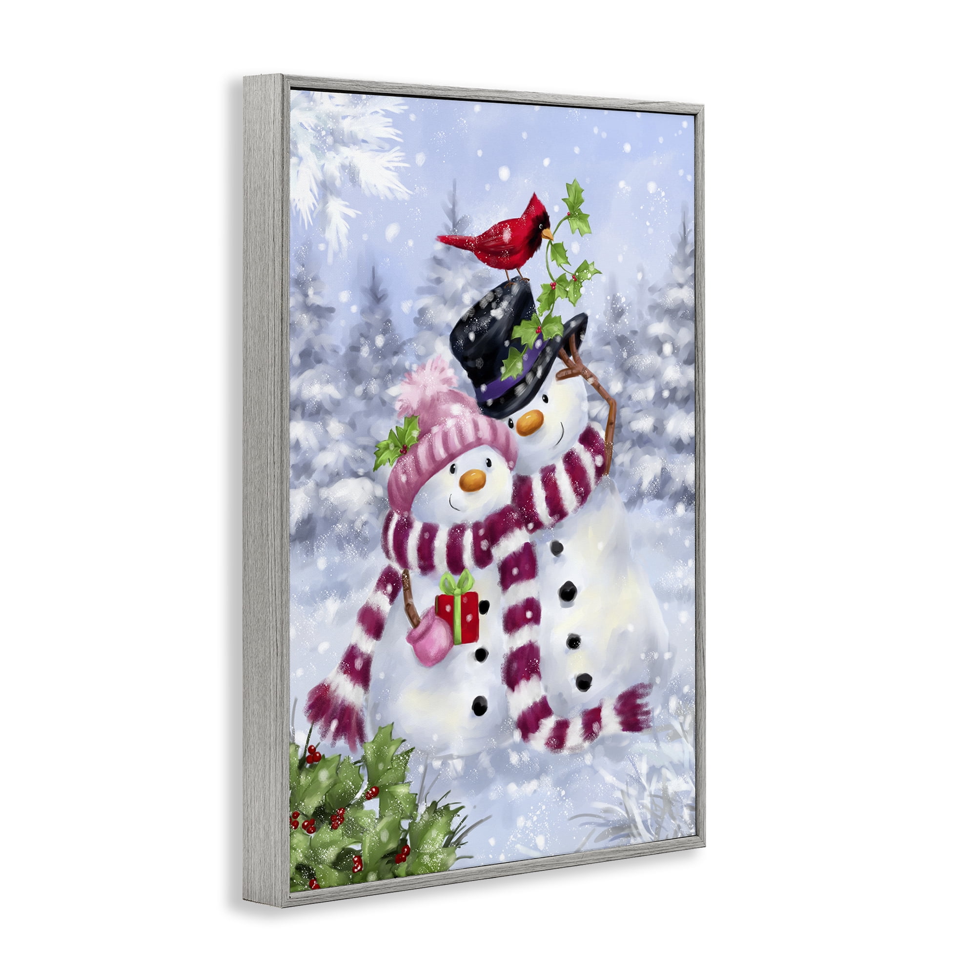 Stupell Industries Happy Snowman & Cardinal Holiday Painting Gray Framed Art Prints Wall Art, 12 x 18