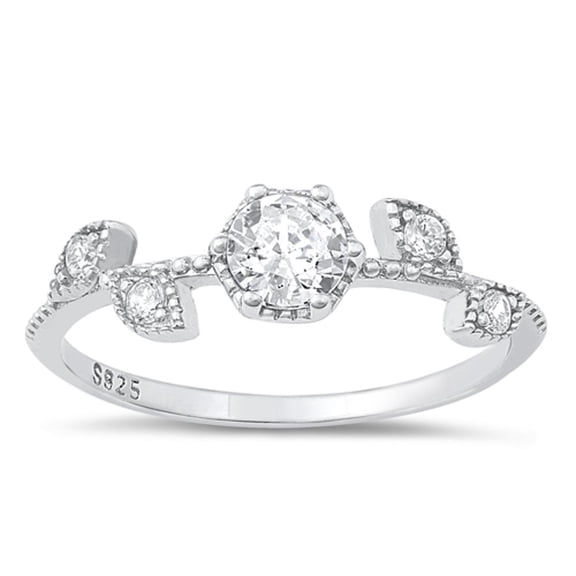 White Cubic Zirconia Promise Flower Ring .925 Sterling Silver Leaf Band Jewelry Female Male Size 5