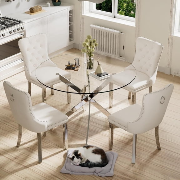 Sumdeal 5-Piece Dining Set, 42 in Glass Dining Table with 4 Beige Chairs, Silver Legs