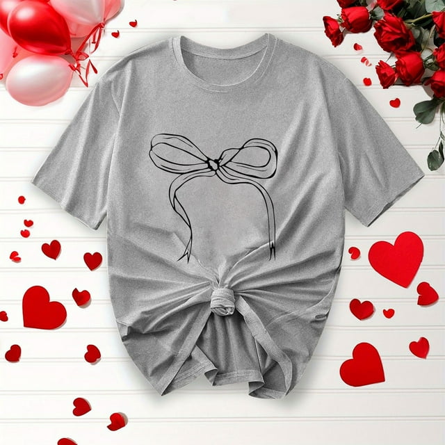 Jusqu'à 65 % de Réduction d'Été Iumwxz T-Shirts Basiques Plissés Décontractés pour Femmes Hauts d'Été Mignons pour Femmes Blouse à Imprimé Nœud Col Rond Manches Courtes Blouse pour Femmes Confortable pour l'École