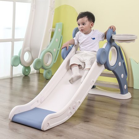 Leavader Toddler Folding Slide with Armrest and Stairs  PE Kids Age 1-3 Freestanding Slide with Basketball Hoop