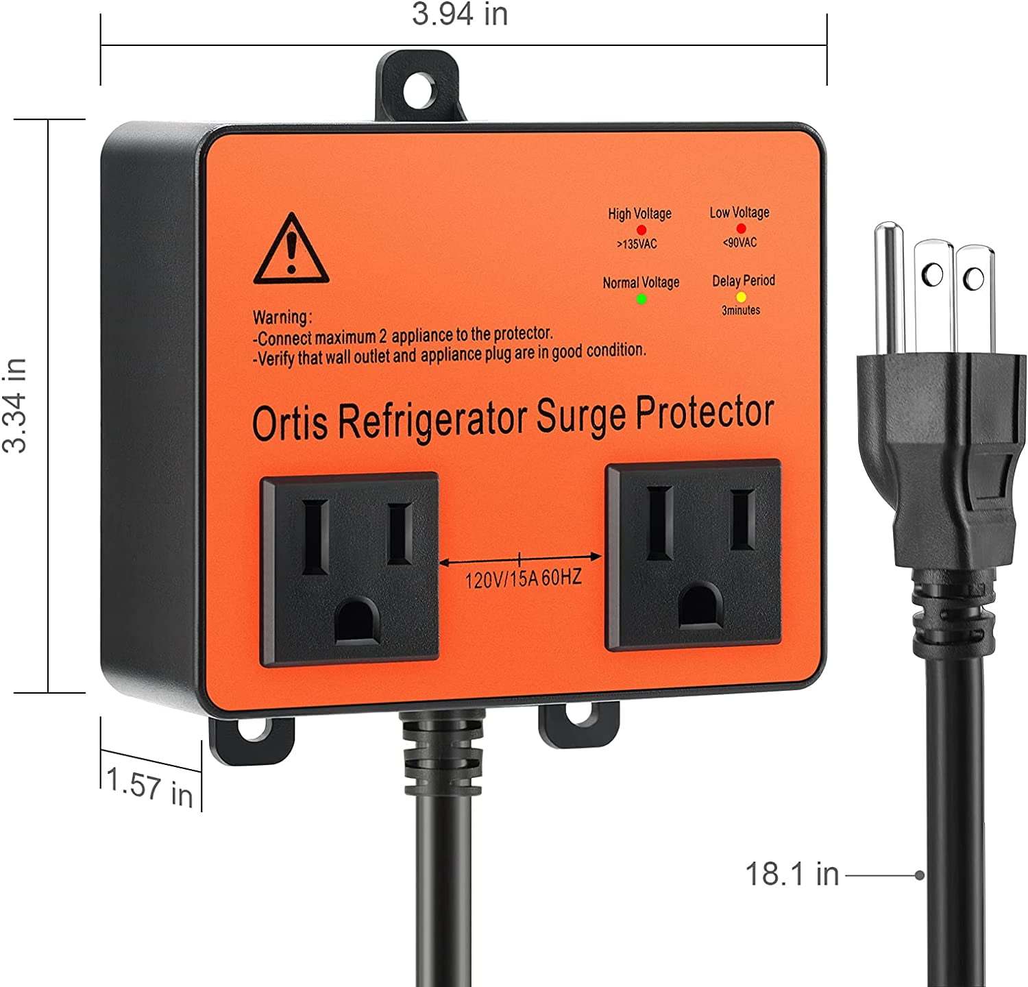 Ortis Refrigerator 2-Outlet Surge Protector, Black