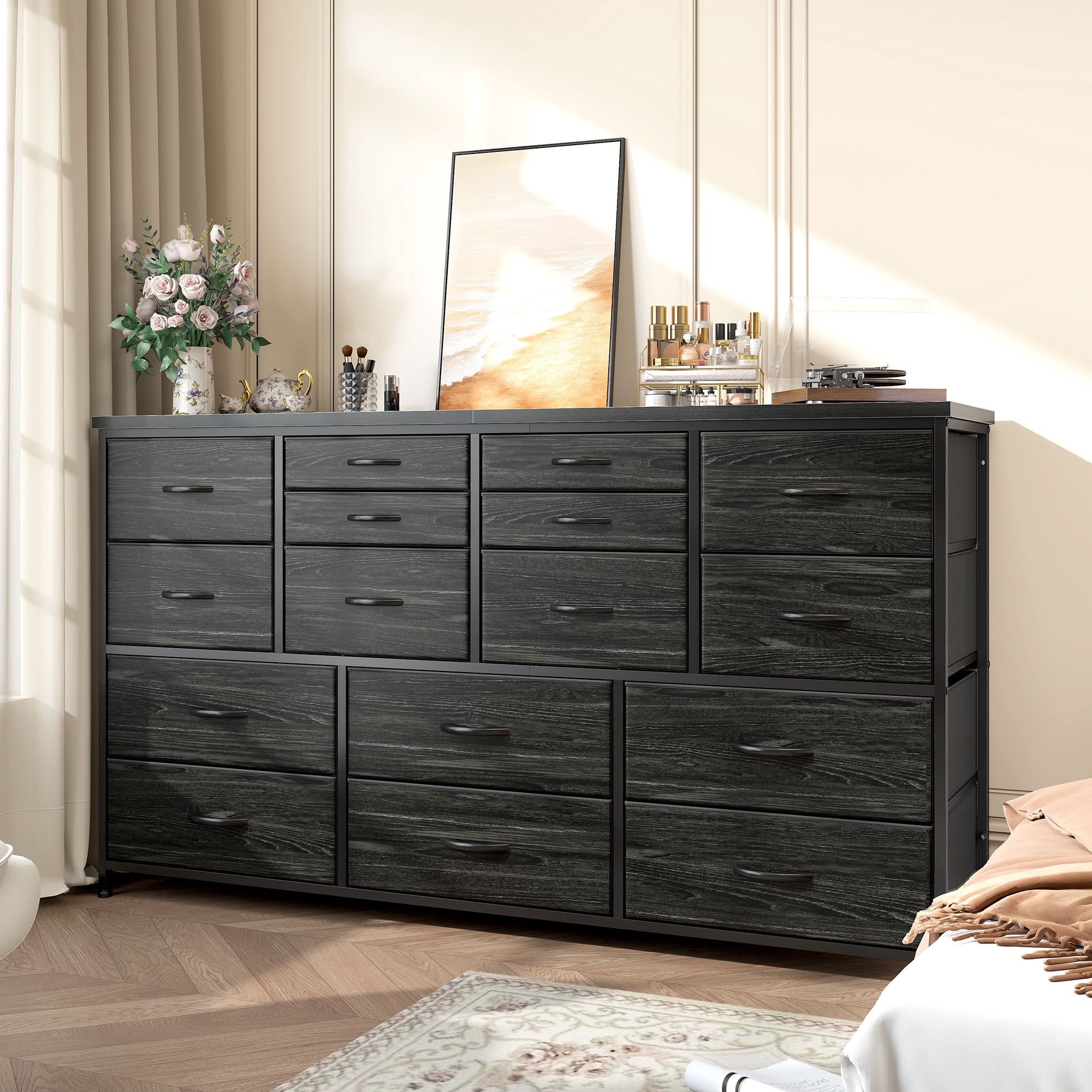 Romorgniz Black Dresser for Bedroom with 16 Drawers for Closet Fabric Dressers & Chests of Drawers TV Stand with Charging Station