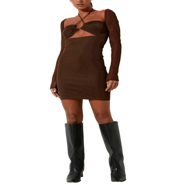 Robe Mini Sexy Dos Nu Moulante Coupe Basse Manches Longues Robe Cocktail Lacée Froncée Robe de Soirée Club