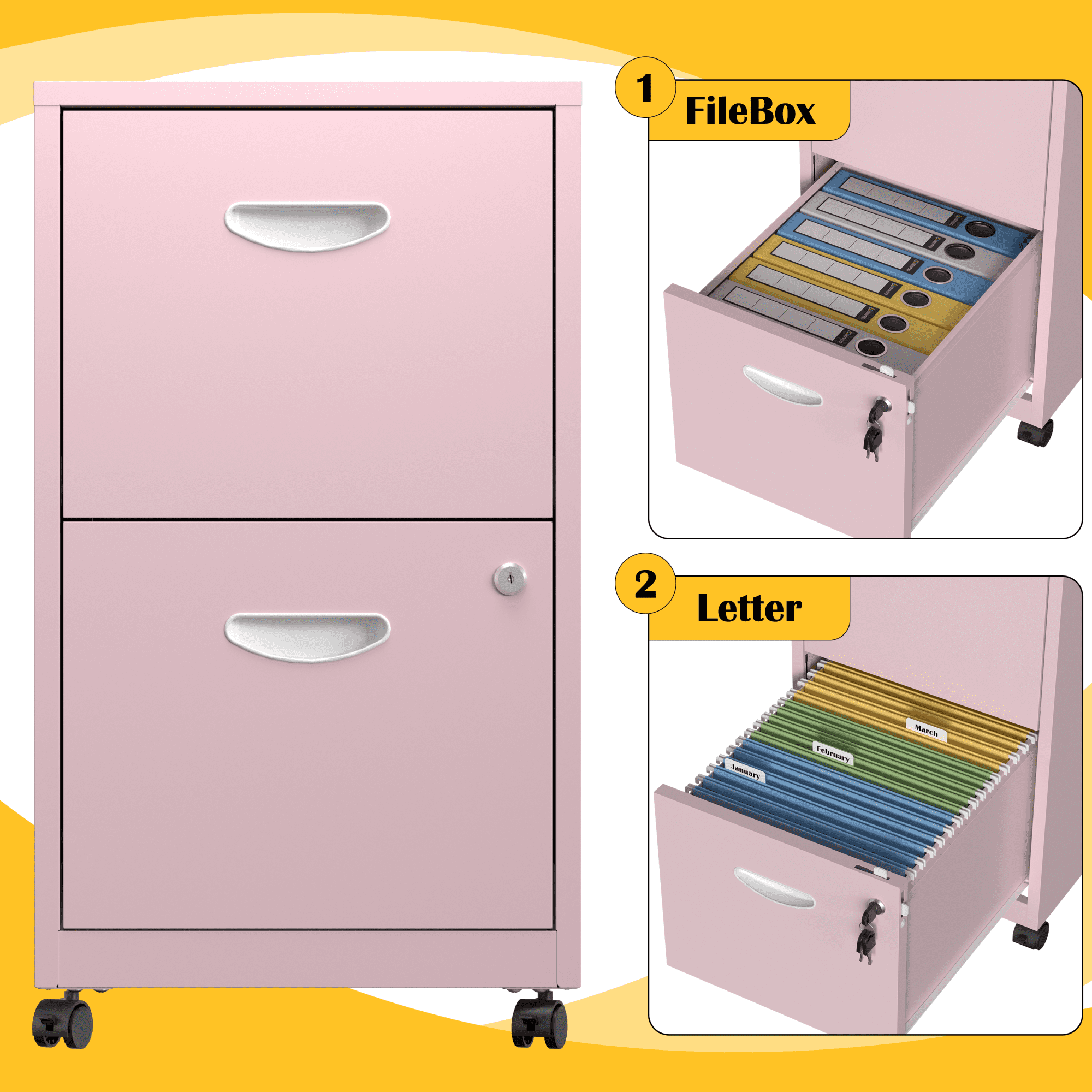 SteeLoong File Cabinet on Whells,Freestanding Storage Organizer,Pink Metal 2-Drawer,Letter Size,Easy Assemble