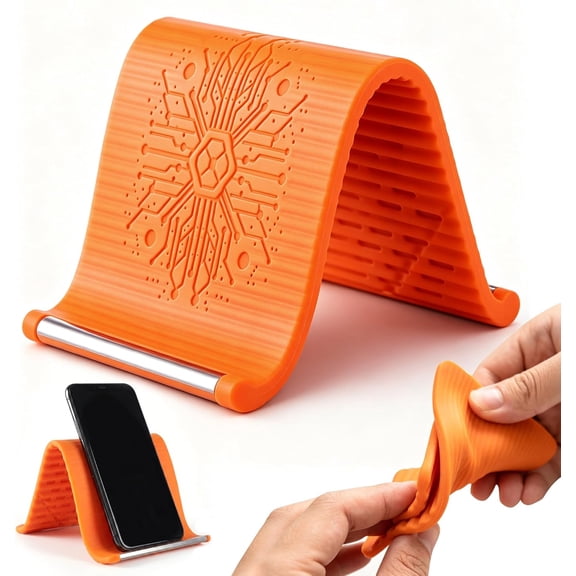 Portable Foldable Silicone Aluminum Phone Holder, 2026 Upgrade Flexible Silicone Phone Stand, Adjustable Airplane Phone Holder for Tablet Laptop Desk Travel Non-Slip Bed Office Treadmill (Orange)